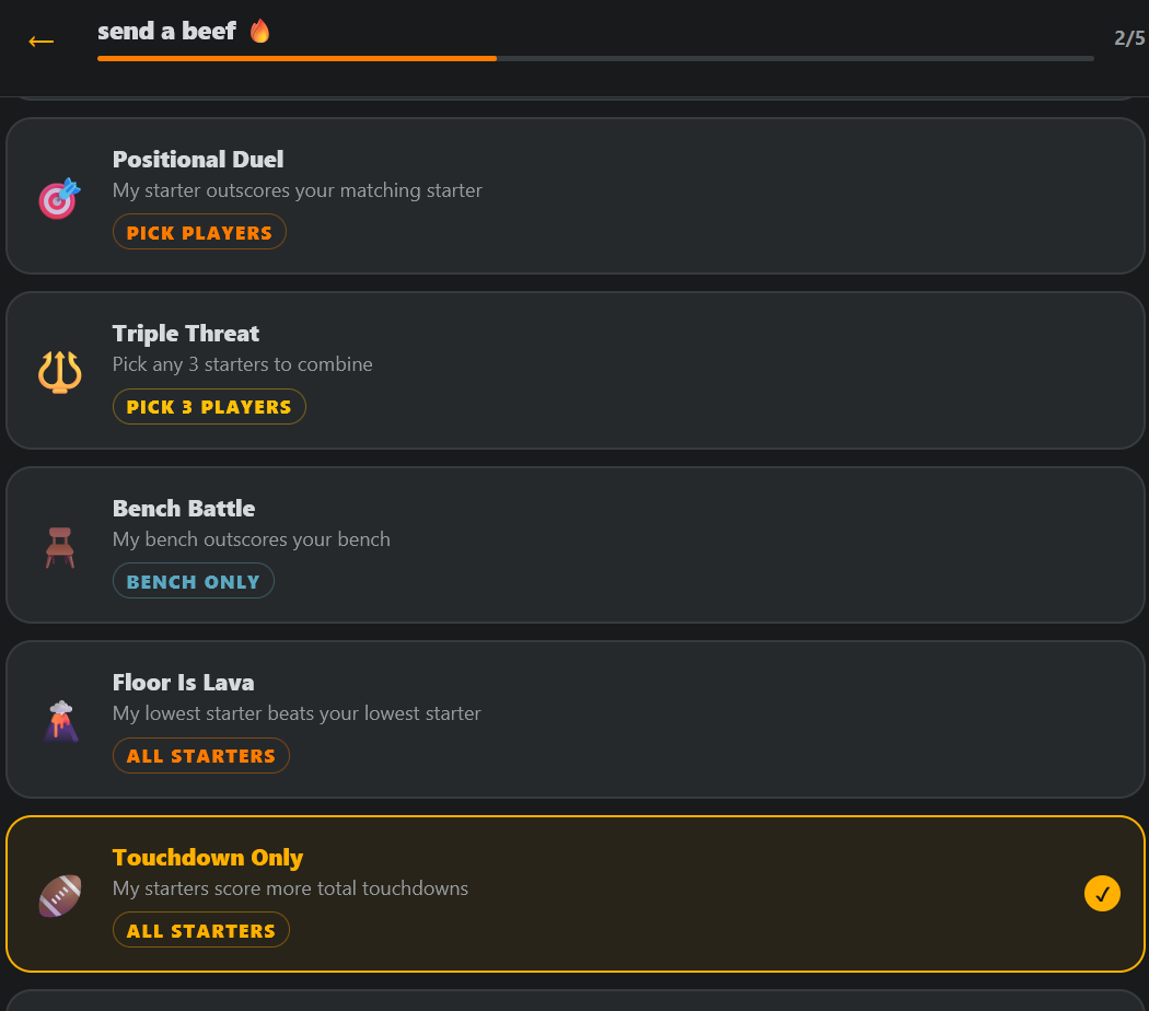 BeefedUp Send a Beef screen showing Positional Duel, Triple Threat, Bench Battle, Floor Is Lava, and Touchdown Only challenge options.