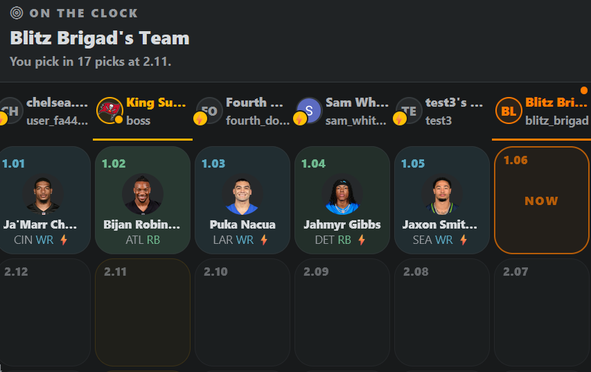 BeefedUp fantasy football draft board with the current manager on the clock and completed picks